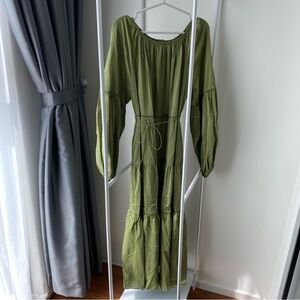 Matteau Belted Tiered Organic Cotton and Mulberry Silk Maxi Dress Green Size 3